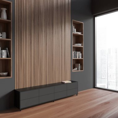 Dark living room interior with sideboard on hardwood floor, side view shelf with books and art decoration. Panoramic window on skyscrapers. Copy space wooden wall. 3D rendering