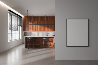 White kitchen interior with bar countertop on grey concrete floor. Cooking area with shelves and kitchenware, panoramic window. Mock up canvas poster. 3D rendering