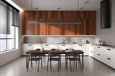 Front view on bright kitchen room interior with dining table, armchairs, cupboard, white wall, gas cooker, sink, panoramic window, cooking inventory. Concept of minimalist design. 3d rendering