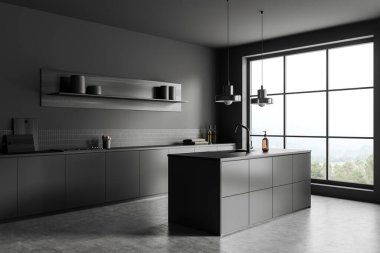 Dark kitchen interior with bar island, side view cooking corner with kitchenware on grey concrete floor. Panoramic window on countryside. 3D rendering