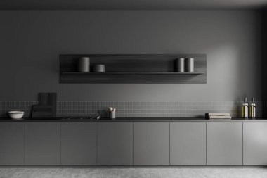 Dark kitchen interior with cabinet, stove and new kitchenware with shelf, plate and cutting board. Dark cooking area on grey concrete floor. 3D rendering
