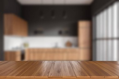 Wooden countertop on background of stylish kitchen interior, kitchenware and panoramic window. Mockup copy space for product display. 3D rendering