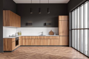 Front view on dark kitchen room interior with cupboard, grey wall, gas cooker, sink, panoramic window, fridge, cooking inventory, hardwood floor. Concept of minimalist design. 3d rendering