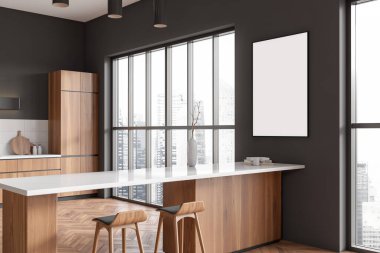 Stylish kitchen interior with bar island and seats, side view cooking corner with kitchenware. Panoramic window on skyscrapers. Mock up canvas poster. 3D rendering