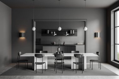 Dark kitchen interior with dining table and chairs on grey concrete floor. Cooking space with bar island and kitchenware on background. Panoramic window on countryside. 3D rendering