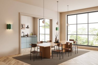 Beige kitchen interior with dining table and chairs, side view panoramic window on tropics. Cooking corner with bar island and kitchenware. 3D rendering