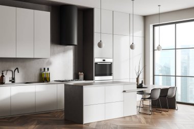 Luxury kitchen interior with bar island and chairs, side view cooking corner with cabinet on hardwood floor. Panoramic window on skyscrapers. 3D rendering