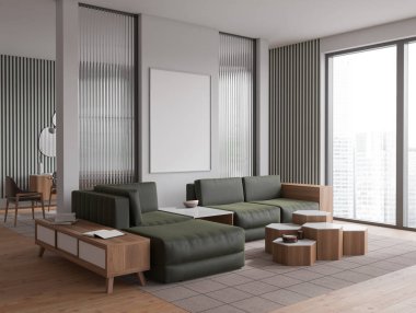 Corner view on dark studio room interior with empty white poster, sofa, armchairs, mirrors, sideboard, panoramic window, striped wall. Concept of minimalist design. Mock up. 3d rendering