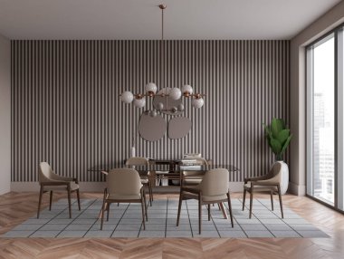 Brown living room interior with dining table and armchairs on carpet, hardwood floor. Meeting zone with drawer and decoration, panoramic window on city view. 3D rendering