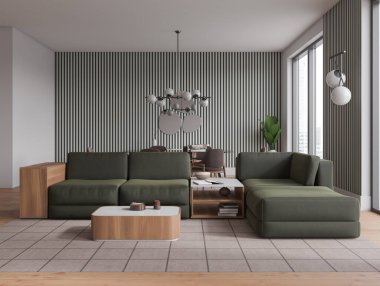 Dark living room interior with sofa with dining table and chairs on background, carpet on hardwood floor. Panoramic window on skyscrapers. 3D rendering