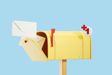 Yellow mailbox with envelope flying inside, paper envelope with red notification on blue background. Concept of communication and new message. 3D rendering