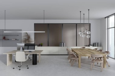 Luxury business interior with coworking and conference zone, sideboard with documents and decor on light concrete floor. Panoramic window on skyscrapers. 3D rendering