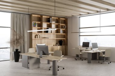 Light office interior with coworking and consulting corner, grey concrete floor. Shelf with decoration with pc computers and panoramic window on Paris skyscrapers. 3D rendering