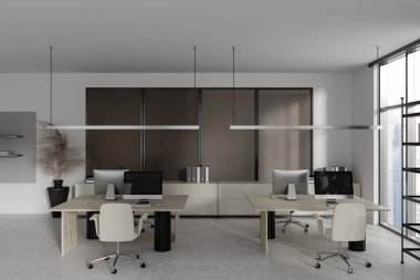 Luxury business interior with workspace and sideboard with documents. Coworking space with pc computer and panoramic window on skyscrapers. 3D rendering
