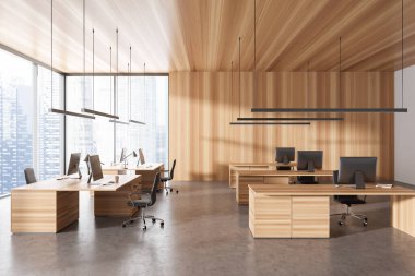 Front view on bright office room interior with computers, desks, armchairs, panoramic window with skyscraper view, concrete floor. Concept of company, firm, meeting space. 3d rendering