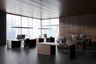 Corner view on dark office room interior with computers, desks, armchairs, panoramic window with skyscraper view, concrete floor. Concept of company, firm, meeting space. 3d rendering