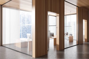 Business interior with coworking box, side view glass doors and armchairs and pc computer on desk. Panoramic window on skyscrapers. 3D rendering