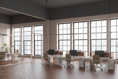 Corner view on bright office room interior with computers, desks, armchairs, panoramic window with skyscraper view, glass partition, wooden floor. Concept of company, firm, meeting space. 3d rendering