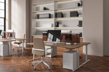 Light office interior with coworking corner with pc computer on desk, hardwood floor. Shelf with documents and panoramic window on city view. 3D rendering