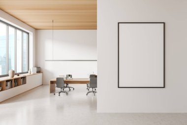 White conference interior with work table and armchairs. Office workspace with sideboard and panoramic window on skyscrapers. Mockup canvas poster. 3D rendering