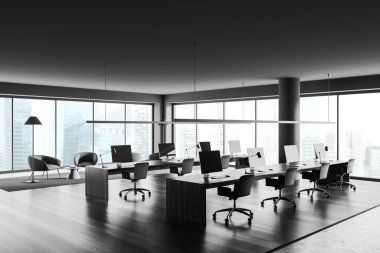 Dark business interior with armchairs and desk with pc computer, side view black hardwood floor. Relaxing area with armchairs, panoramic window on skyscrapers. 3D rendering