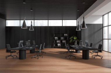 Wooden business interior with workspace and shelf with documents. Coworking area with pc computer and panoramic window on skyscrapers. 3D rendering