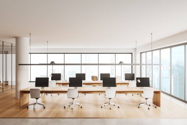 White business interior with armchairs and pc computer on desk, hardwood floor. Coworking space with panoramic window on Singapore city view. 3D rendering