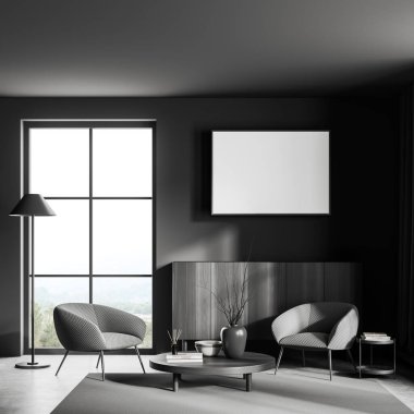 Dark living room interior with two armchairs and drawer with decor. Relaxing corner with coffee table and panoramic window on countryside. Mock up canvas poster. 3D rendering