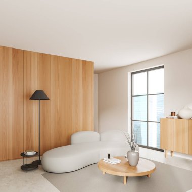 White living room interior with sofa and coffee table on carpet, side view grey concrete floor. Sideboard with decoration and panoramic window on skyscrapers. 3D rendering