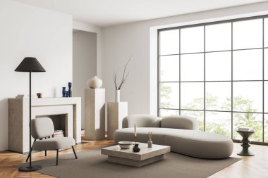 Corner view on bright living room interior with sofa, armchair, white wall, coffee table, wooden floor, panoramic window, fireplace. Concept of minimalist design. Place for meeting. 3d rendering