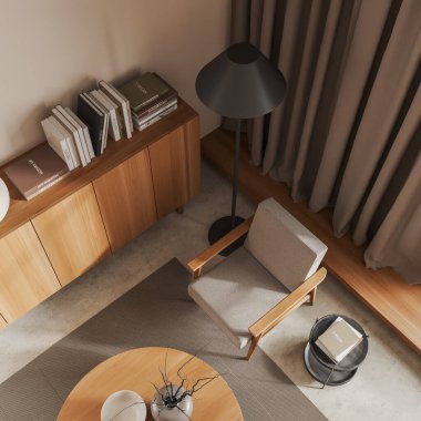 Top view of beige living room interior with armchair in the corner. Coffee table on carpet, wooden dresser with books on grey concrete floor. 3D rendering