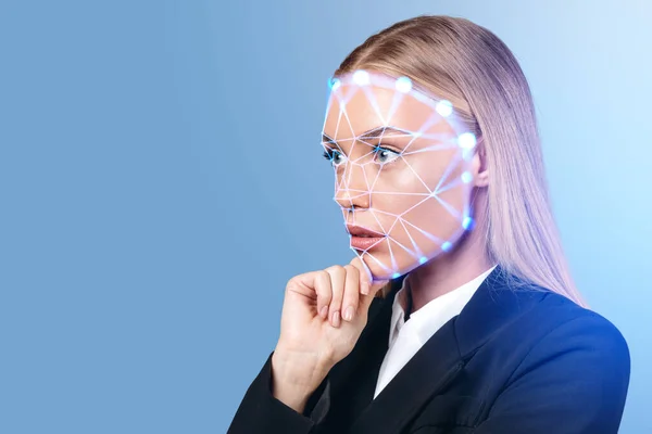Thoughtful businesswoman portrait, hand to chin. Digital biometric scanning hologram, face detection and recognition. Concept of face id and artificial intelligence. Copy space