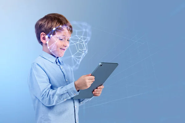 Smiling Child Boy Tablet Hands Portrait Profile Biometric Verification Hologram — стоковое фото