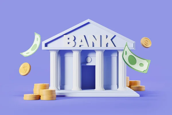 Cartoon bank house with falling green banknotes and coins on blue background. Concept of finance and money accumulation. 3D rendering