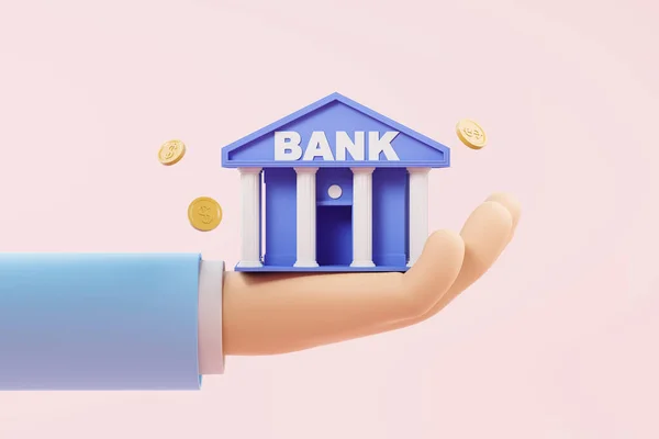 Cartoon Character Hand Holding Bank House Falling Gold Coins Pink — Stok fotoğraf