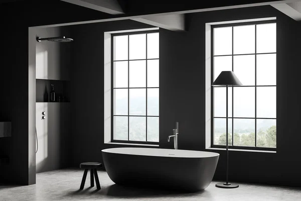 Dark Bathroom Interior Bathtub Shower Corner Stool Lamp Bathing Area — Stockfoto
