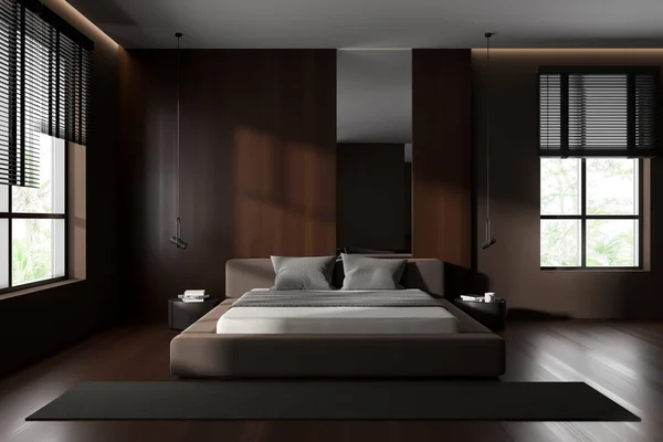Front view on dark bedroom interior with bed, bedsides, carpet, panoramic window, oak hardwood floor, wooden wall. Concept of minimalist design. Space for chill and relaxation. 3d rendering
