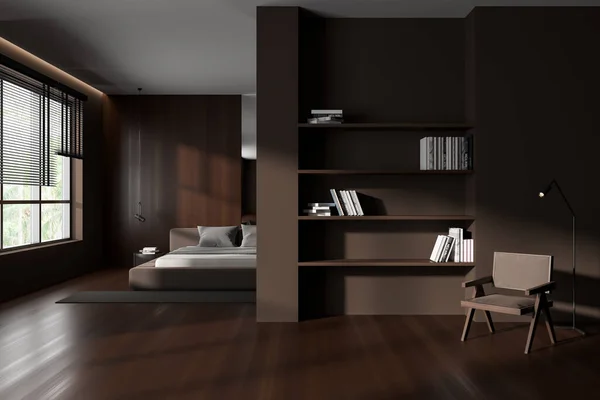 Front view on dark studio room interior with bed, armchair, shelves with books, panoramic window, oak hardwood floor, wooden wall. Concept of minimalist design. Space for chill. 3d rendering