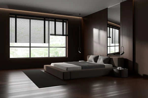 Corner view on dark bedroom interior with bed, bedsides, mirror, panoramic window, oak hardwood floor, wooden wall. Concept of minimalist design. Space for chill and relaxation. 3d rendering