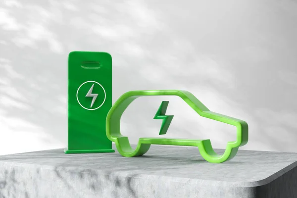 Green Abstract Electric Car Charging Station Grey Stone Podium Concept — Stok fotoğraf