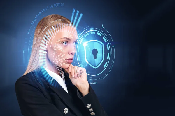 Thoughtful Businesswoman Hand Chin Side View Hologram Hud Shield Protection —  Fotos de Stock