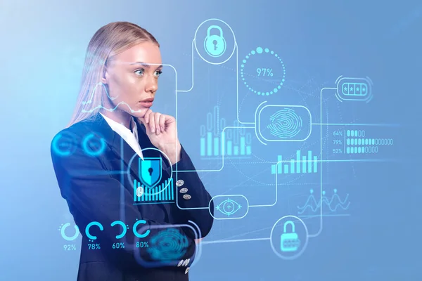 Thoughtful Businesswoman Hand Chin Digital Cybersecurity Hud Hologram Big Business — Foto Stock