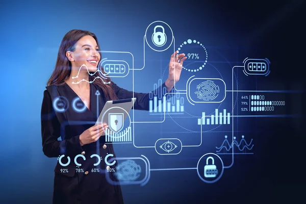 Smiling businesswoman with tablet finger touch digital diagrams, big business data protection with fingerprint and padlock. Concept of cybersecurity