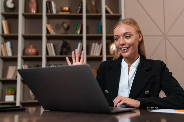 Pleased Attractive Businesswoman Wearing Formal Wear Sitting Having Online Conference — Stockfoto