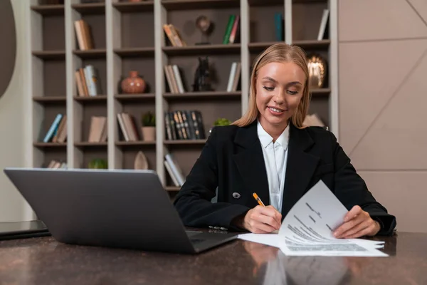 Pleased Attractive Businesswoman Wearing Formal Wear Sitting Office Workplace Laptop —  Fotos de Stock