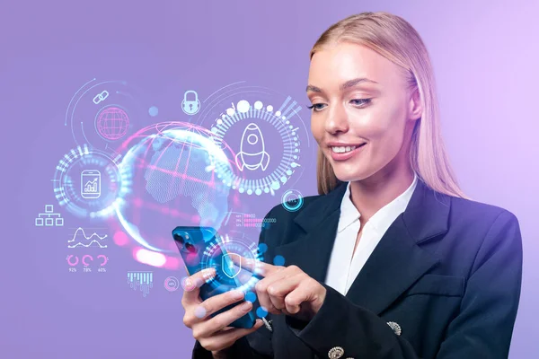 Happy Businesswoman Finger Touch Phone Hand Earth Sphere Worldwide Connection — Foto de Stock