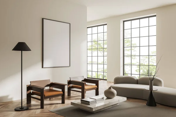 Beige Living Room Interior Sofa Armchair Side View Coffee Table — Stok fotoğraf