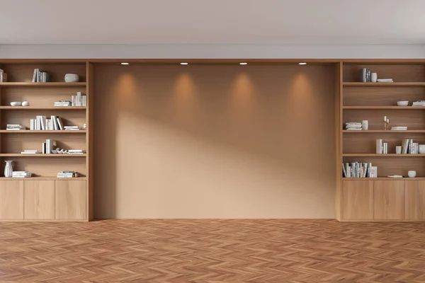 Front View Bright Living Room Interior Empty Brown Wall Shelf — Stockfoto