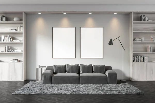 Front View Dark Living Room Interior Two Empty White Posters – stockfoto