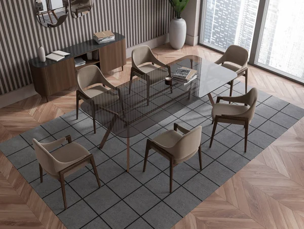 Top view of brown eating room interior with glass table and seats, carpet on hardwood floor. Meeting corner with drawer and decor, panoramic window on skyscrapers. 3D rendering